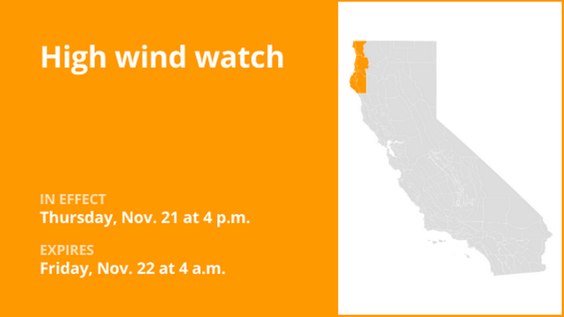 High wind watch affecting Northern California Thursday and Friday, according to the NWS