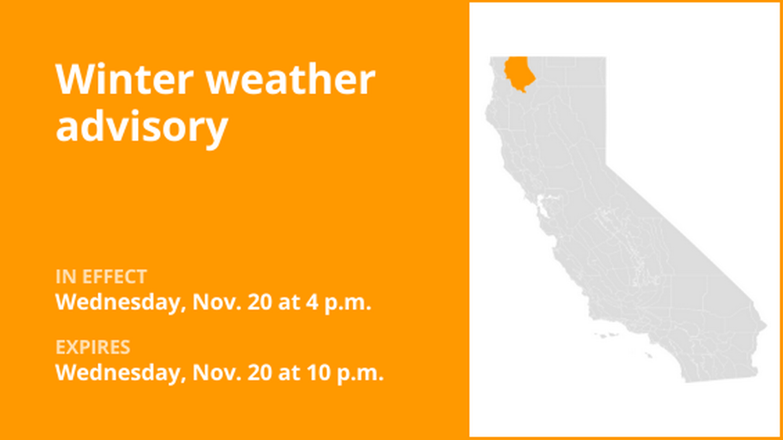 UPDATE: Western Siskiyou County under a winter weather advisory until Wednesday night, according to the NWS